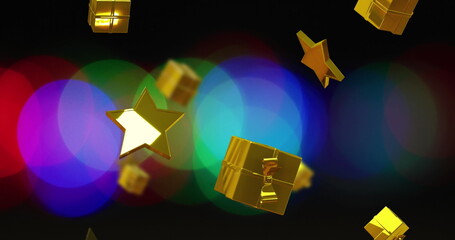 Fototapeta premium Image of christmas gold stars and presents falling over spots of light on black background