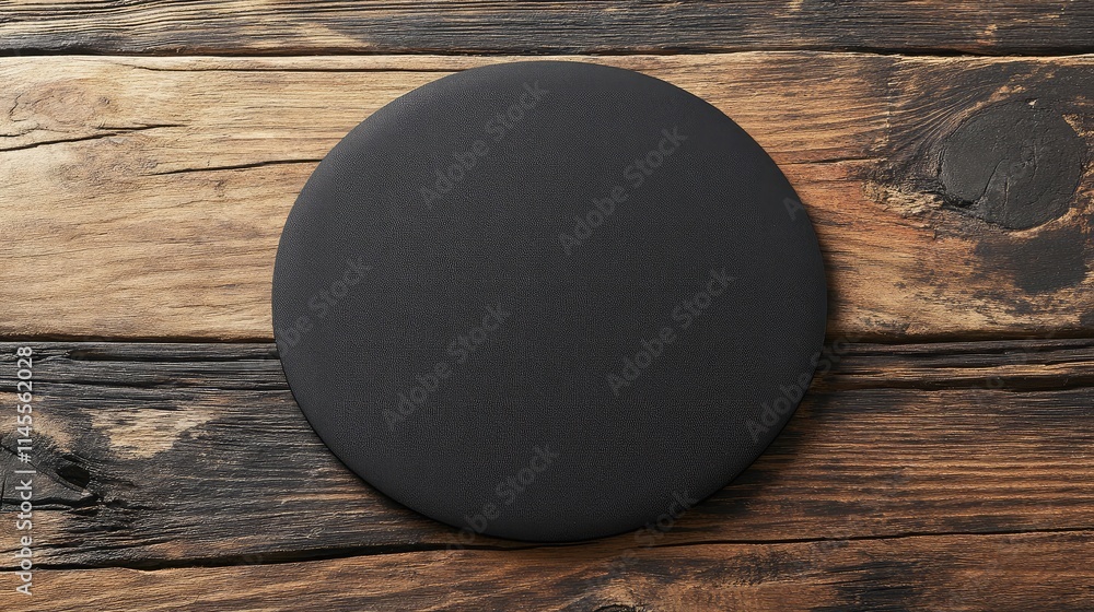 Aufkleber textured round black surface on rustic wooden table, ideal for displaying products, creating unique 