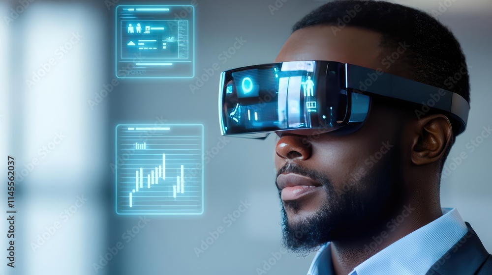 Poster inventory management idea. a professional using virtual reality glasses to analyze digital data insi
