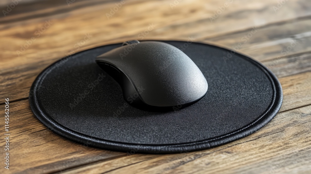 Poster black computer mouse resting on a circular black mouse pad on a wooden desk surface, showcasing a mi