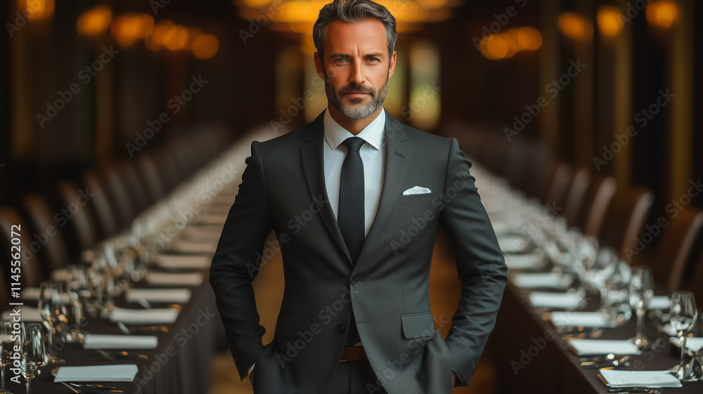 Poster a man in a suit stands in front of a long table with many chairs
