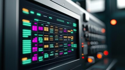 Inventory management idea. Close-up of a modern interface displaying data and colorful graphs.