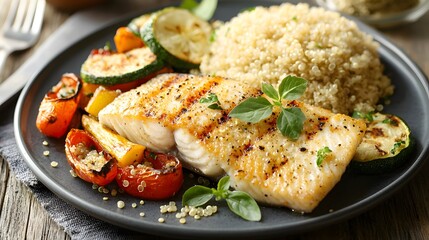 A plate of grilled fish, quinoa, and roasted vegetables arranged beautifully for a healthy meal