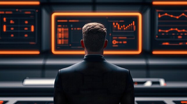 Inventory management idea. A business professional analyzing data on modern digital screens in a control room.