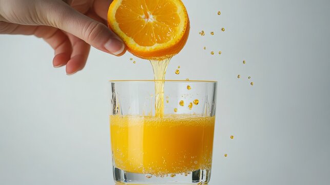 Idea of orange juice that has just been extracted. Orange juice is squeezed by hand into a glass. A white backdrop shows fresh orange juice pouring into a glass.