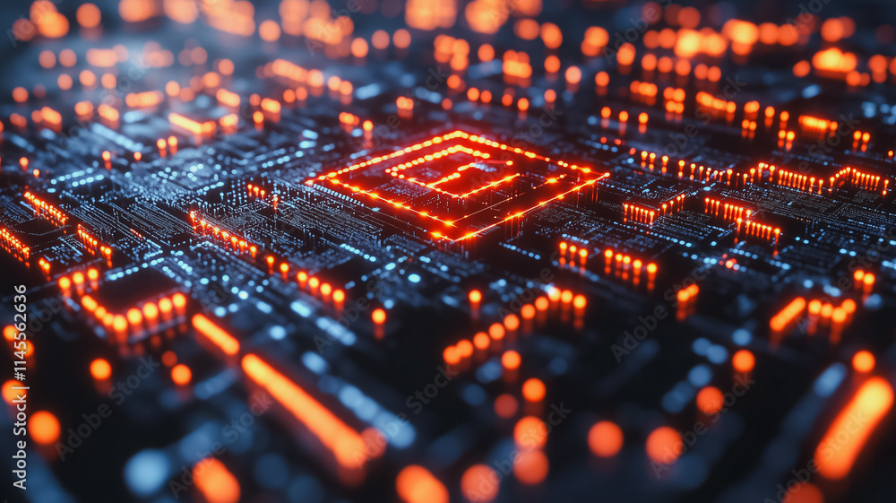 Poster a computer chip with a red square on it
