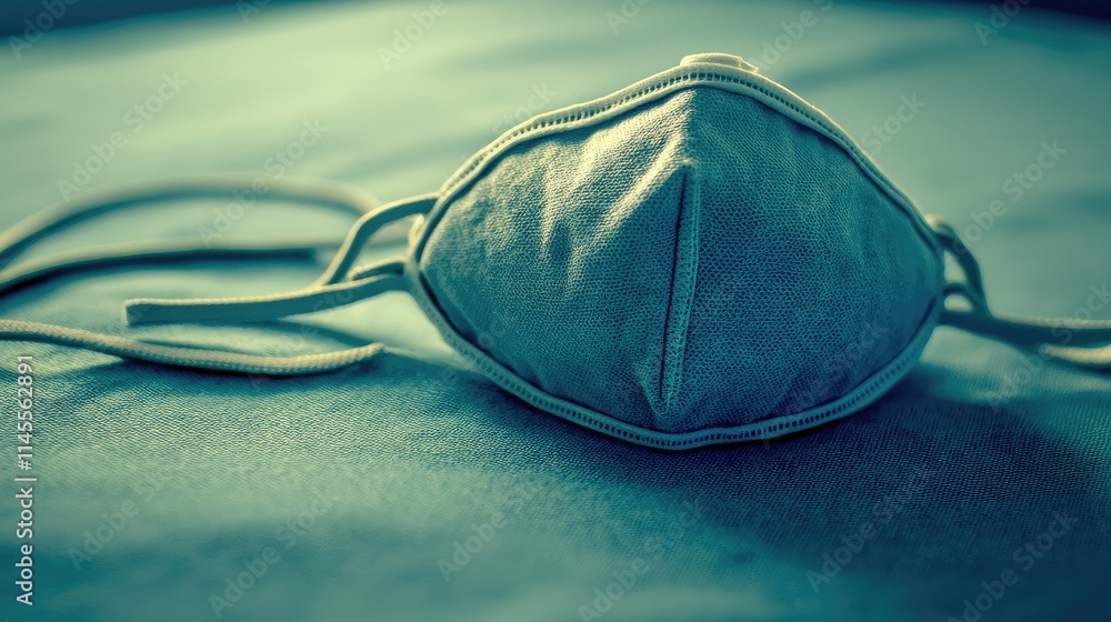 Poster close-up of a fabric face mask resting on a soft surface in ambient light, emphasizing textures and 