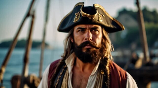 He's traveling on a pirate ship. With his beard, mustache and pirate hat, he plays a movie character. 01.