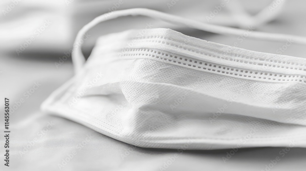 Poster close-up view of a white surgical face mask on a soft surface highlighting the texture and intricate