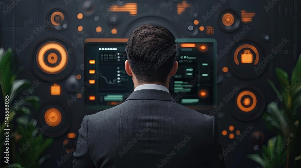 Poster inventory management idea. a businessman analyzing data on a futuristic digital interface in a moder