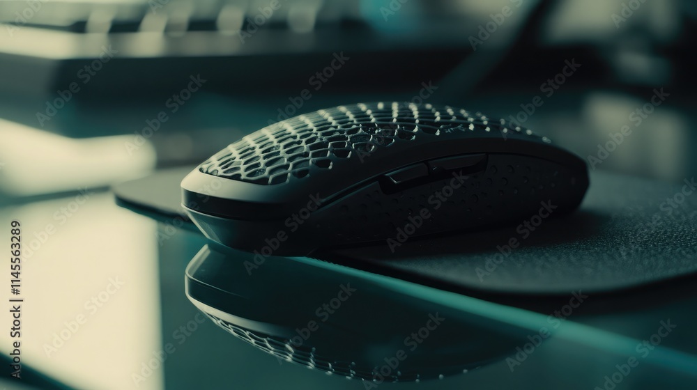 Poster close-up of ergonomic wireless mouse on a slim mouse pad, showcasing textured surface and reflection