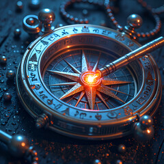 Naklejka premium Illuminated compass with mystical details and reflections in a dark setting, photography of still life concept.