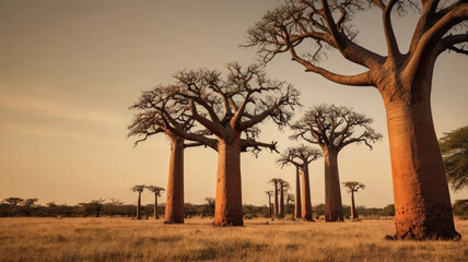 Obraz premium Stunning landscape with a line of majestic baobab trees silhouetted against a golden sunset sky.South African natural landscape for travel, nature and African-themed projects