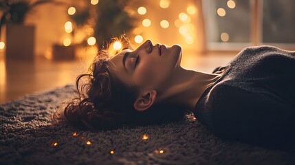 A person lying on a soft rug practicing mindfulness meditation with gentle lighting