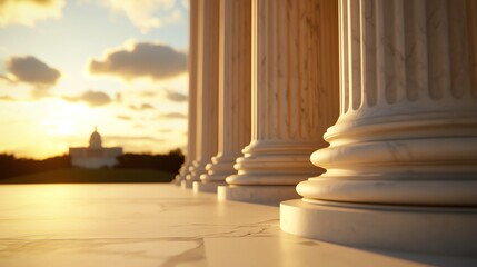 A close-up view of classical columns at sunset, highlighting architectural details and a backdrop of soft clouds and distant structures.