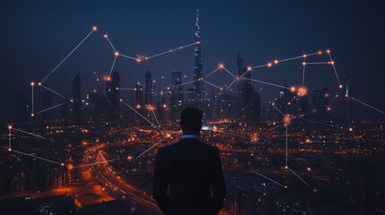 Fototapeta premium Smart digital city with connection cyber security network reciprocity over the cityscape . future smart wireless digital city and social media networking systems that connects people within the city