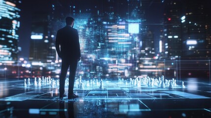 Obraz premium Businessman strategizing chess move with futuristic digital overlay, symbolizing strategic planning and decision making in business