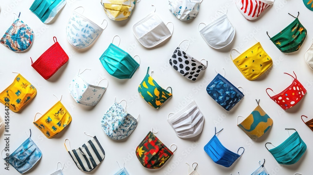 Poster Collection of Colorful Fabric Face Masks Displayed on a Bright Background Highlighting Various Patterns and Designs for Fashion and Safety