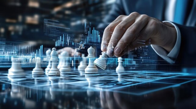 Businessman strategizing chess move with futuristic digital overlay, symbolizing strategic planning and decision making in business