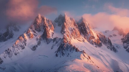 Majestic snow-capped mountain peaks bathed in the golden light of sunrise.