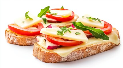 Slices of gouda on bread and a cheese sandwich are isolated against a white backdrop.
