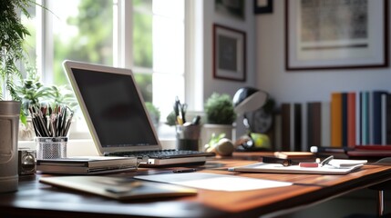 Sunny Home Office Workspace Setup: Laptop, Desk, Plants, Books, and Natural Light