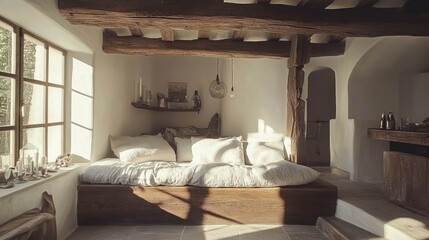 Cozy and Serene Interior of a Rustic Bedroom with Natural Light, Wooden Beams, and Minimalistic Decor for a Tranquil Atmosphere in a Modern Home