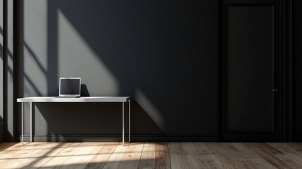 Minimalist Home Office Setup with Laptop on Desk Against Dark Wall