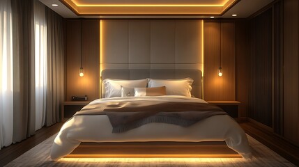 Luxurious modern bedroom with warm lighting, plush bed, and wooden accents.