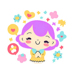 Obraz premium Charming cartoon girl with purple hair, smiling and surrounded by colorful flowers and hearts. Perfect for children's products, stickers, and playful designs.