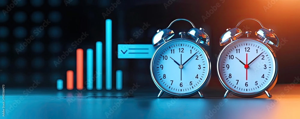 Poster inventory management idea. two alarm clocks symbolize time management and productivity in a modern w