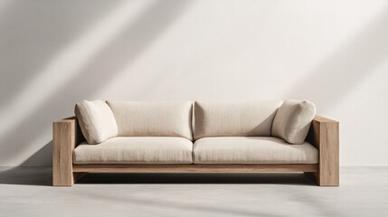 Modern minimalist sofa with light beige fabric and wooden frame, perfect for contemporary interior design and home decor inspiration in serene spaces