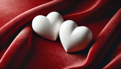 Fototapeta premium Two White Ceramic Hearts on Smooth Red Velvet Background