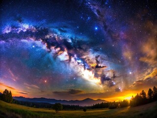 Naklejka premium Panoramic Milky Way: A breathtaking night sky canvas of nebulae, stars, and stardust.