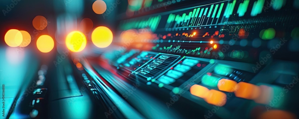 Poster capital cost idea. close-up view of a modern control panel with vibrant lights and buttons.