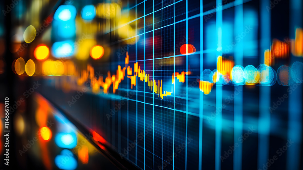 Poster abstract close-up of a stock market graph displayed on a digital screen at night, with blurred city 