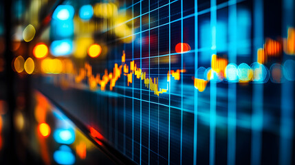 Abstract close-up of a stock market graph displayed on a digital screen at night, with blurred city lights in the background.  Vibrant colors and dynamic lines convey financial data and movement.