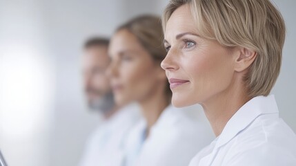 Fototapeta premium A group of healthcare professionals in white coats focused on a task, showcasing collaboration and dedication in a clinical environment.