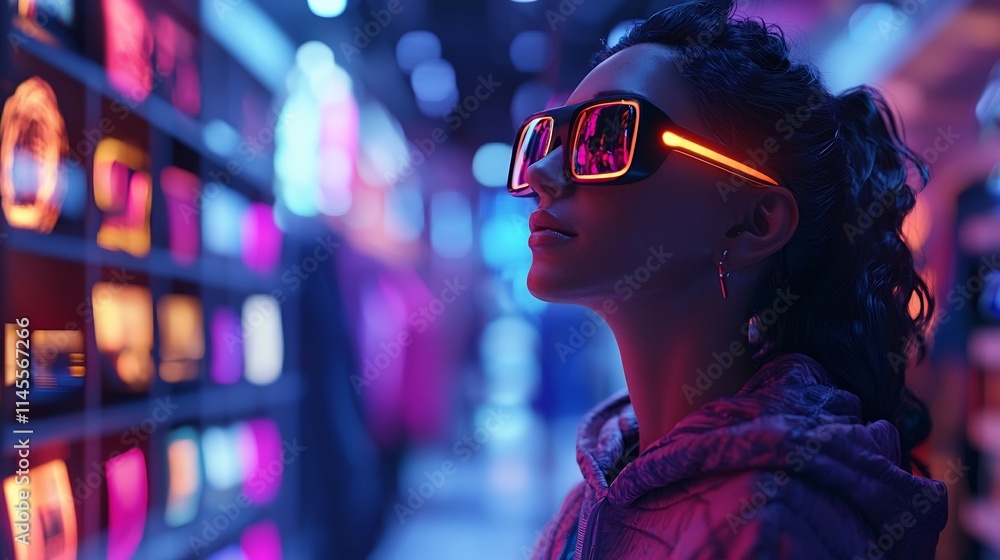 Poster customers use glasses to virtually preview glowing 3d products in a lively and augmented reality sho