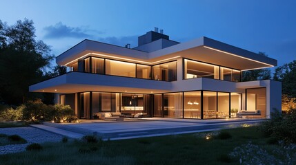 Fototapeta premium At night, the modern villa is illuminated by colored LED lights. There is no one inside.