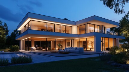 Fototapeta premium At night, the modern villa is illuminated by colored LED lights. There is no one inside.