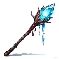 A magical staff with an ice crystal and twisted wooden handle for sorcerers and wizards, digital art of fantasy weapon concept.