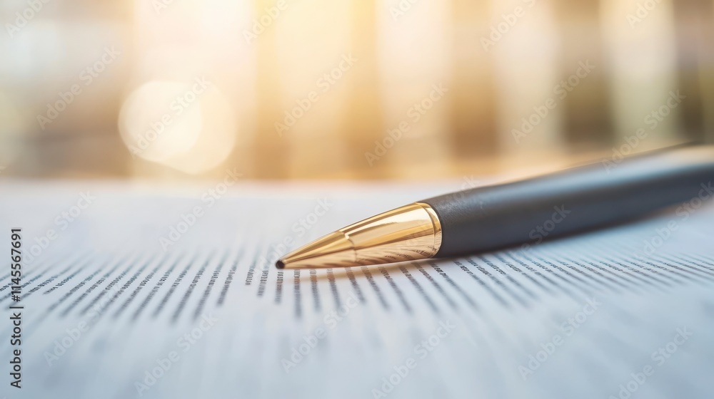 Poster a close-up of a pen resting on a sheet of text, with a soft, blurred background creating a professio