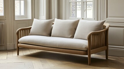 Modern Scandinavian Style Wooden Sofa with Soft Cushions in Bright, Airy Living Room Setting Enhancing Minimalist Interior Design and Aesthetic Comfort