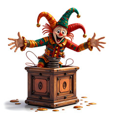 A playful jester jumps out of a jack in the box with coins spilling around, 3d rendering of character design concept.