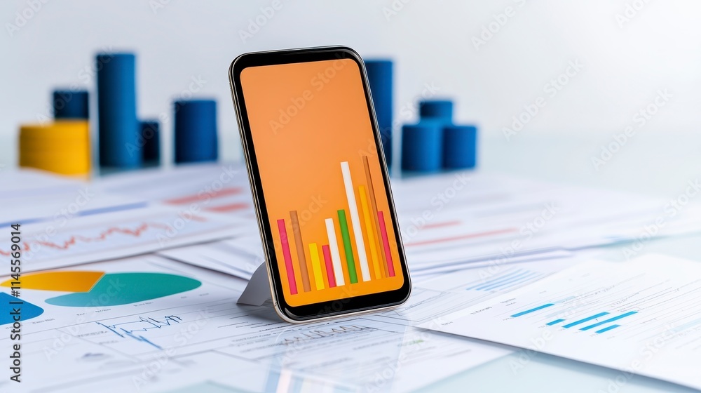 Poster a smartphone displays colorful graphs against a backdrop of financial reports and charts, symbolizin