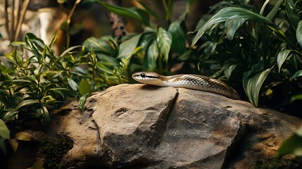 A snake rests on a rock among lush green plants