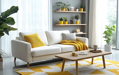 Modern living room interior with white sofa, yellow cushions, wooden coffee table, and potted plants.