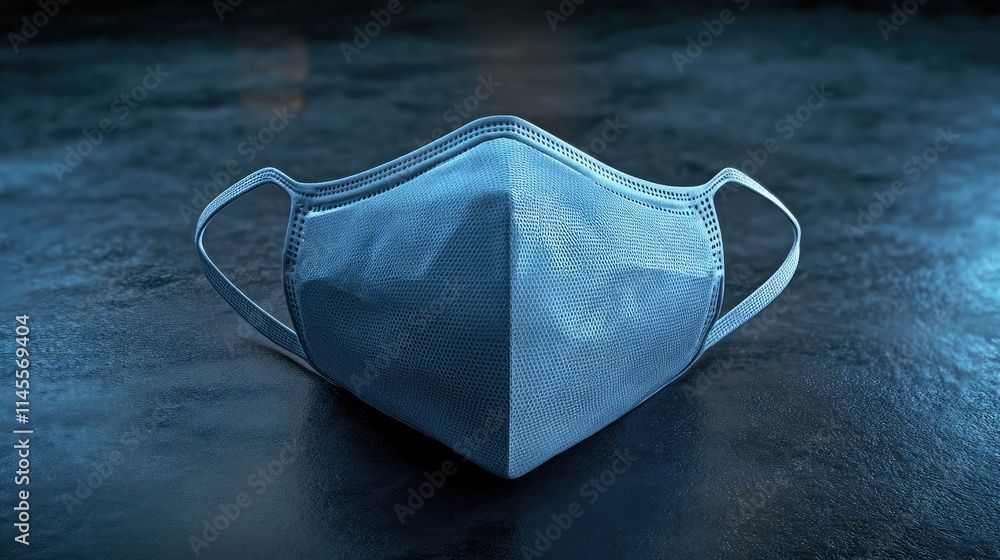 Poster close-up of a medical face mask placed on a dark textured surface, highlighting its intricate fabric