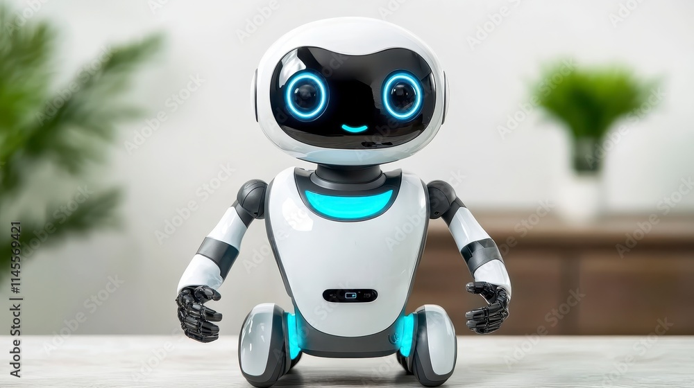 Poster a cute, futuristic robot toy with large expressive eyes, designed for interaction, sits on a table a